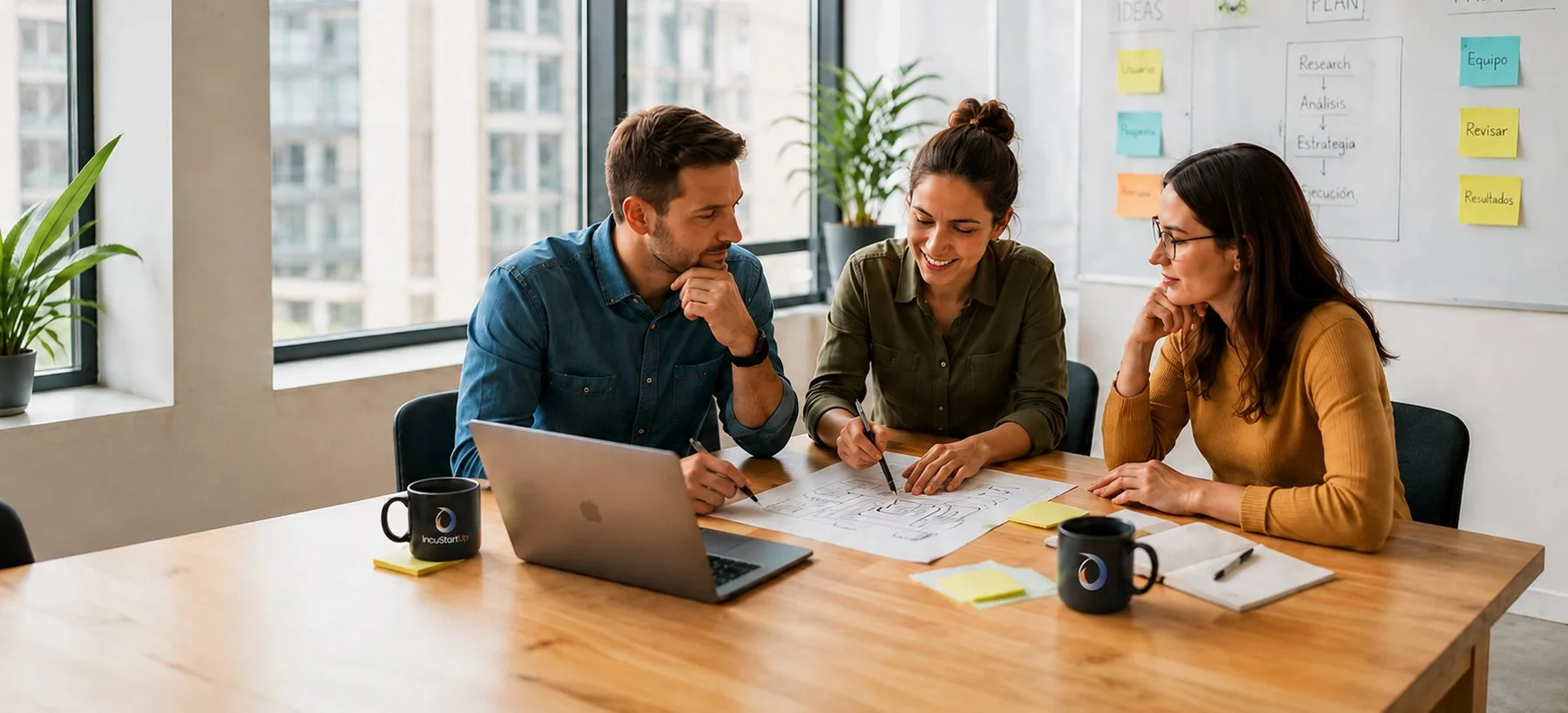 Un pequeño equipo trabajando sobre una idea alrededor de una mesa, con portátil, apuntes y café.