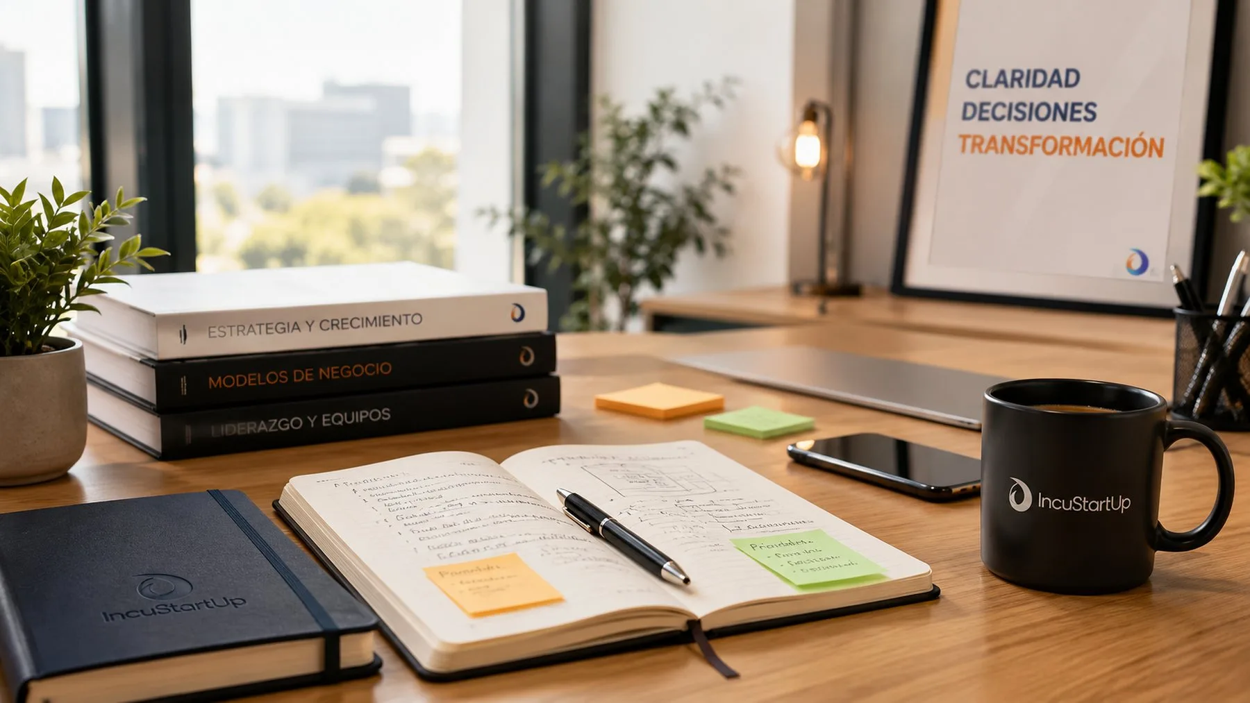 Escritorio de trabajo con libros de estrategia y liderazgo, una libreta abierta con anotaciones, una taza de IncuStartUp y un cuadro con las palabras Claridad, Decisiones y Transformación.