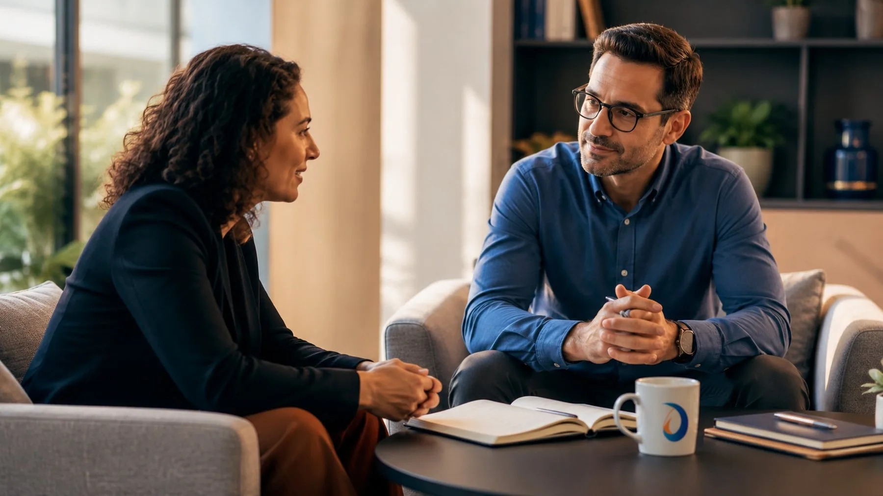 Dos personas conversando en un espacio cálido, con una libreta abierta y una taza de IncuStartUp sobre la mesa.