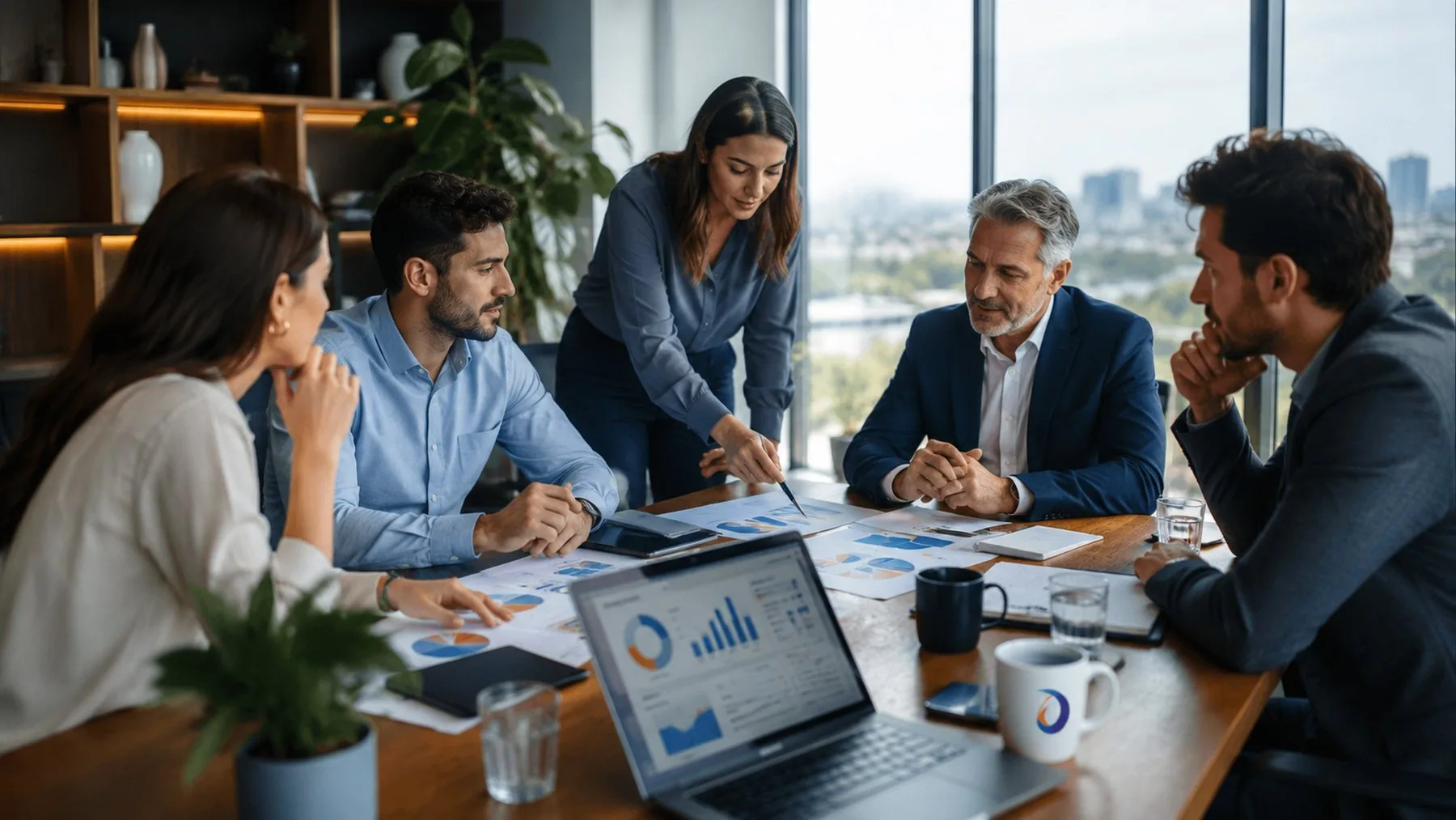 Equipo directivo analizando indicadores, reportes y decisiones estratégicas alrededor de una mesa de trabajo.