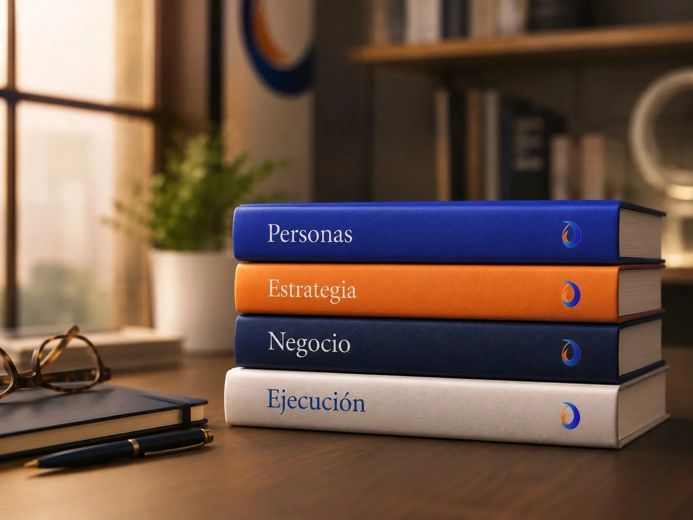 Libros con los lomos Personas, Estrategia, Negocio y Ejecución apilados sobre un escritorio de trabajo.