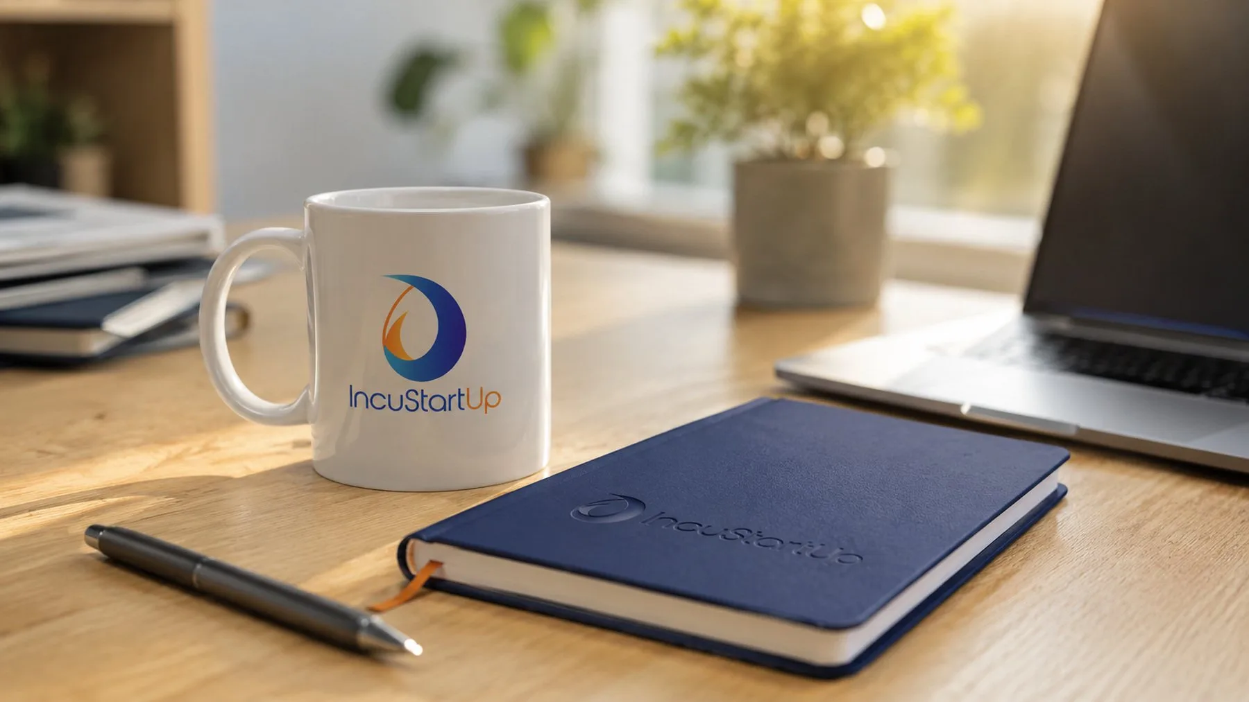 Escritorio ordenado con una libreta abierta y una taza de IncuStartUp, en un espacio tranquilo para conversar.