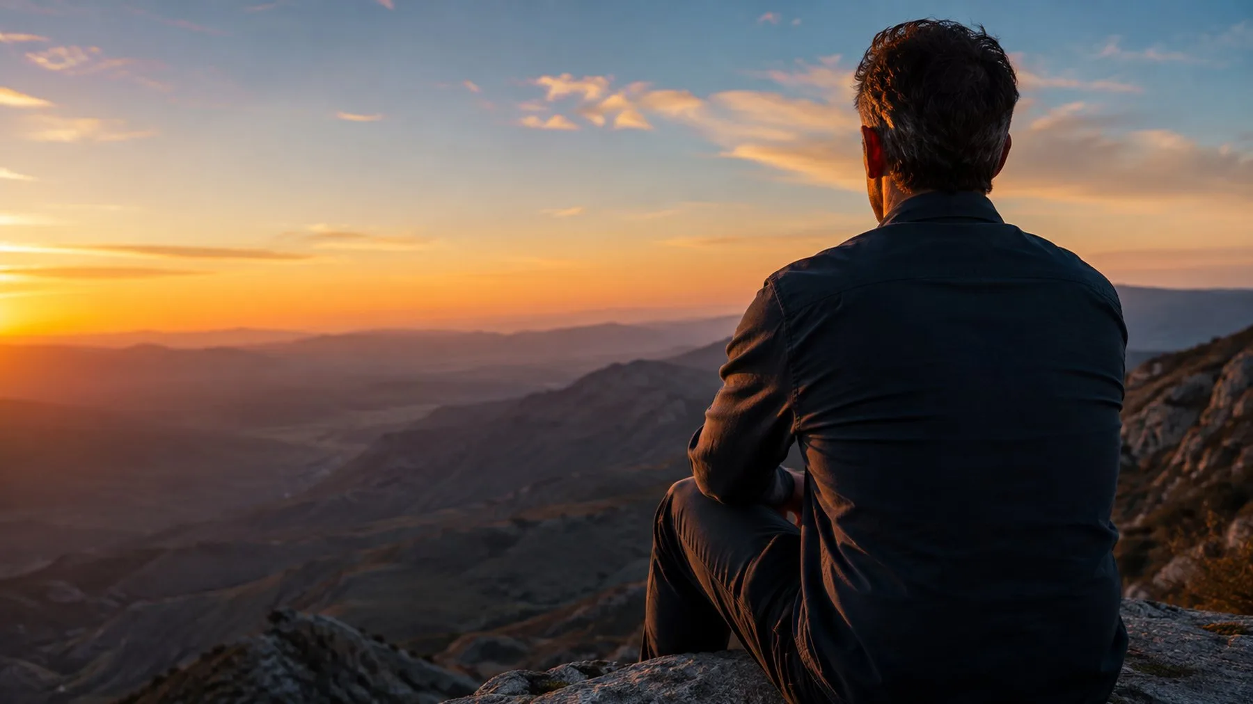 Hombre sentado en un risco mirando hacia un valle al atardecer, en actitud reflexiva.